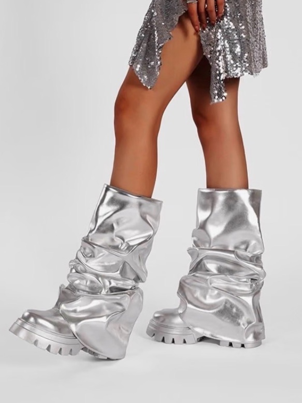 Women's Silver Slouchy Lace-Up Platform Boots